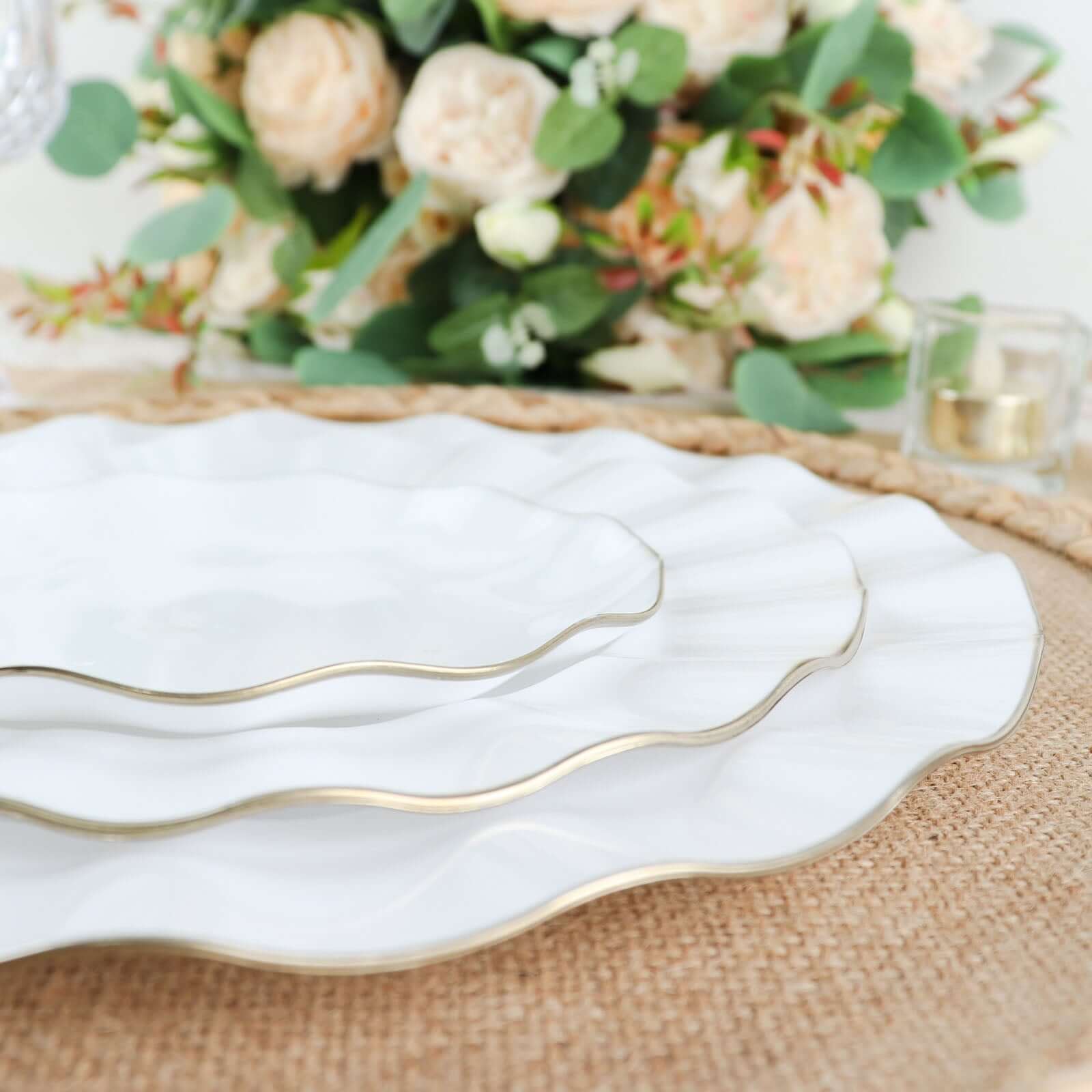 10 - Pack Plastic 11" Round Dinner Plates in White Ruffled Rim with Gold Edging - Sturdy Disposable Dinnerware for Classy Events & Banquets - Bell Racket Store
