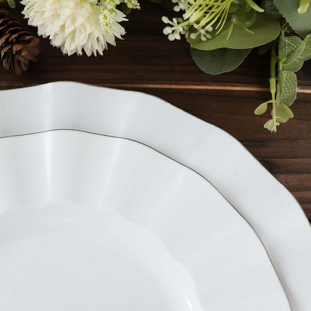 10 - Pack Plastic 11" Round Dinner Plates in White Ruffled Rim with Gold Edging - Sturdy Disposable Dinnerware for Classy Events & Banquets - Bell Racket Store