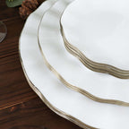 10 - Pack Plastic 11" Round Dinner Plates in White Ruffled Rim with Gold Edging - Sturdy Disposable Dinnerware for Classy Events & Banquets - Bell Racket Store