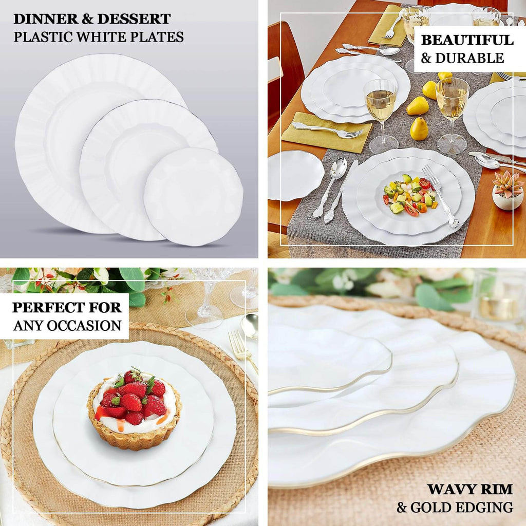 10 - Pack Plastic 11" Round Dinner Plates in White Ruffled Rim with Gold Edging - Sturdy Disposable Dinnerware for Classy Events & Banquets - Bell Racket Store