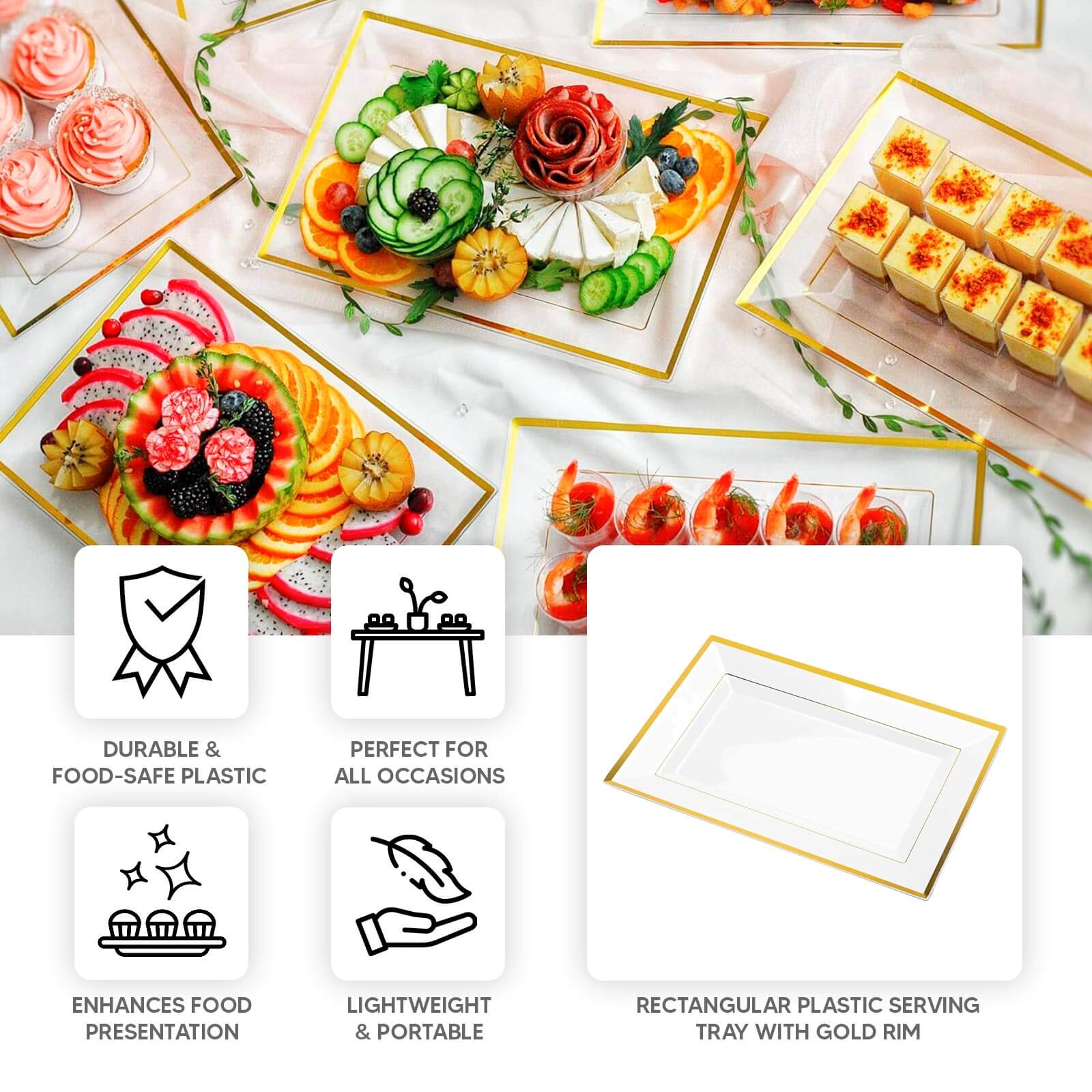 10 - Pack Plastic 13"x8" Rectangle Serving Trays Clear with Gold Rim - Durable Reusable Sleek Design for Upscale Events & Parties - Bell Racket Store