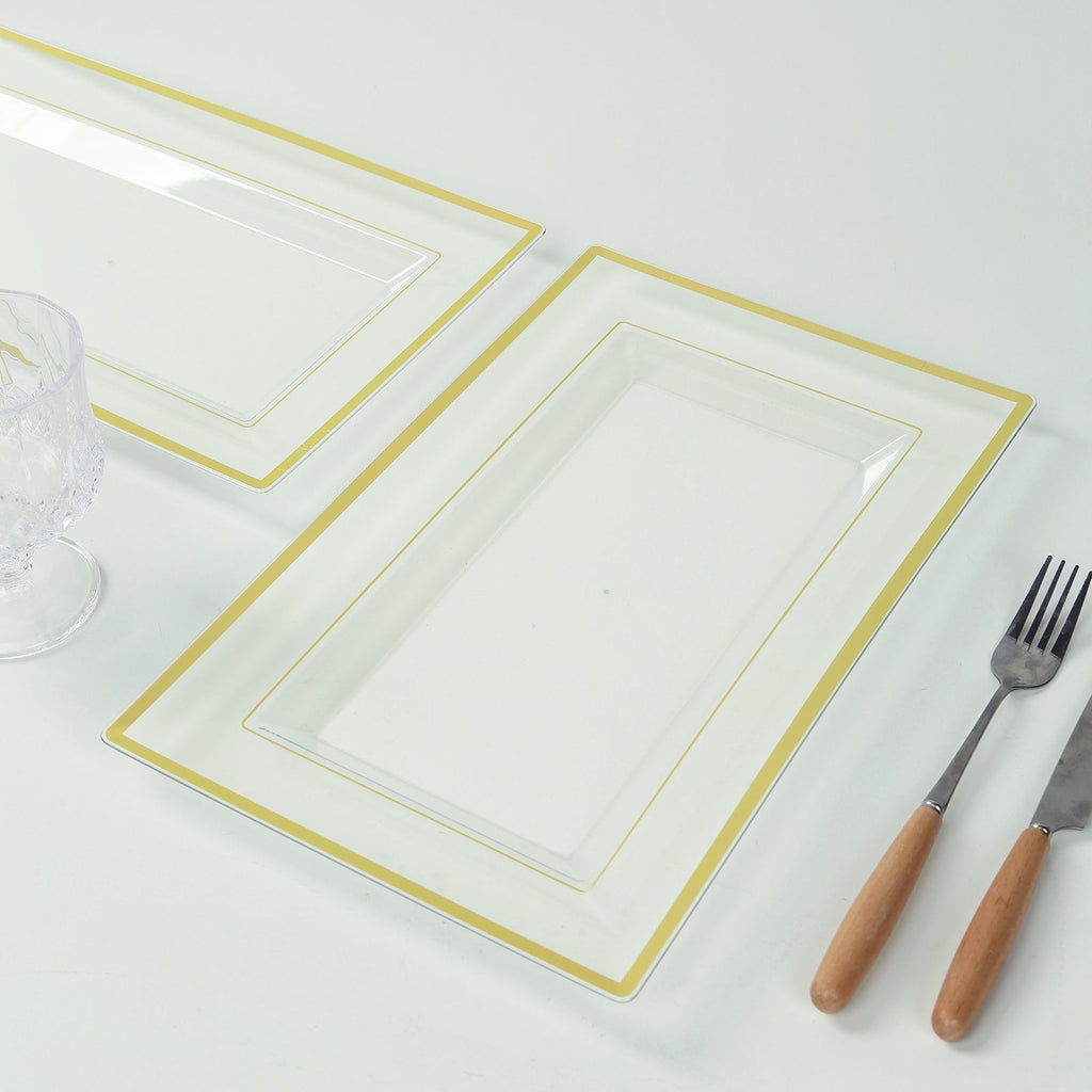 10 - Pack Plastic 13"x8" Rectangle Serving Trays Clear with Gold Rim - Durable Reusable Sleek Design for Upscale Events & Parties - Bell Racket Store