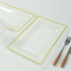 10 - Pack Plastic 13"x8" Rectangle Serving Trays Clear with Gold Rim - Durable Reusable Sleek Design for Upscale Events & Parties - Bell Racket Store