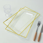 10 - Pack Plastic 13"x8" Rectangle Serving Trays Clear with Gold Rim - Durable Reusable Sleek Design for Upscale Events & Parties - Bell Racket Store