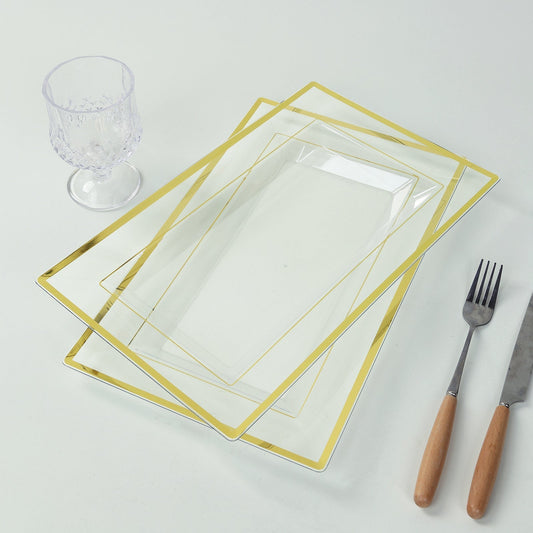 10 - Pack Plastic 13"x8" Rectangle Serving Trays Clear with Gold Rim - Durable Reusable Sleek Design for Upscale Events & Parties - Bell Racket Store