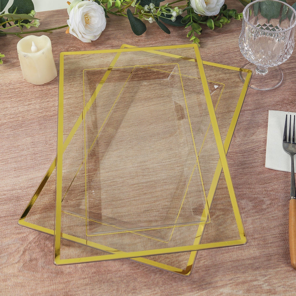 10 - Pack Plastic 13"x8" Rectangle Serving Trays Clear with Gold Rim - Durable Reusable Sleek Design for Upscale Events & Parties - Bell Racket Store