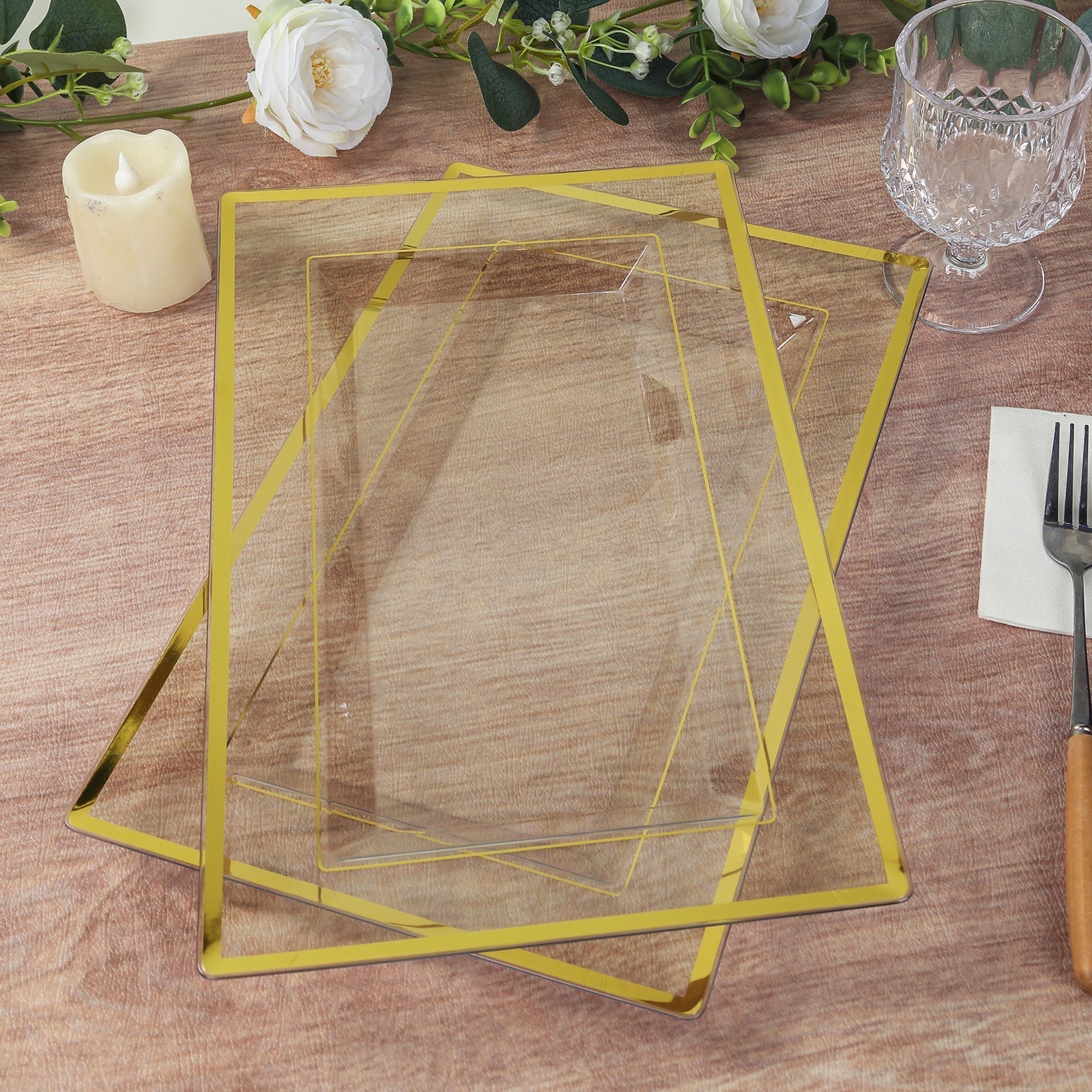 10 - Pack Plastic 13"x8" Rectangle Serving Trays Clear with Gold Rim - Durable Reusable Sleek Design for Upscale Events & Parties - Bell Racket Store