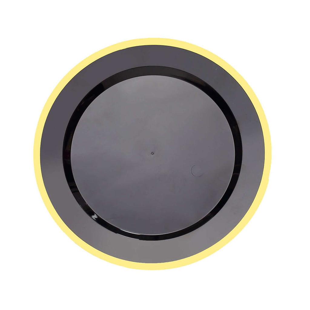 10 - Pack Plastic 7" Round Appetizer Plates in Black with Gold Rim - Sleek Disposable Salad Plates for Banquets & Special Occasions - Bell Racket Store