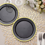 10 - Pack Plastic 7" Round Appetizer Plates in Black with Gold Rim - Sleek Disposable Salad Plates for Banquets & Special Occasions - Bell Racket Store