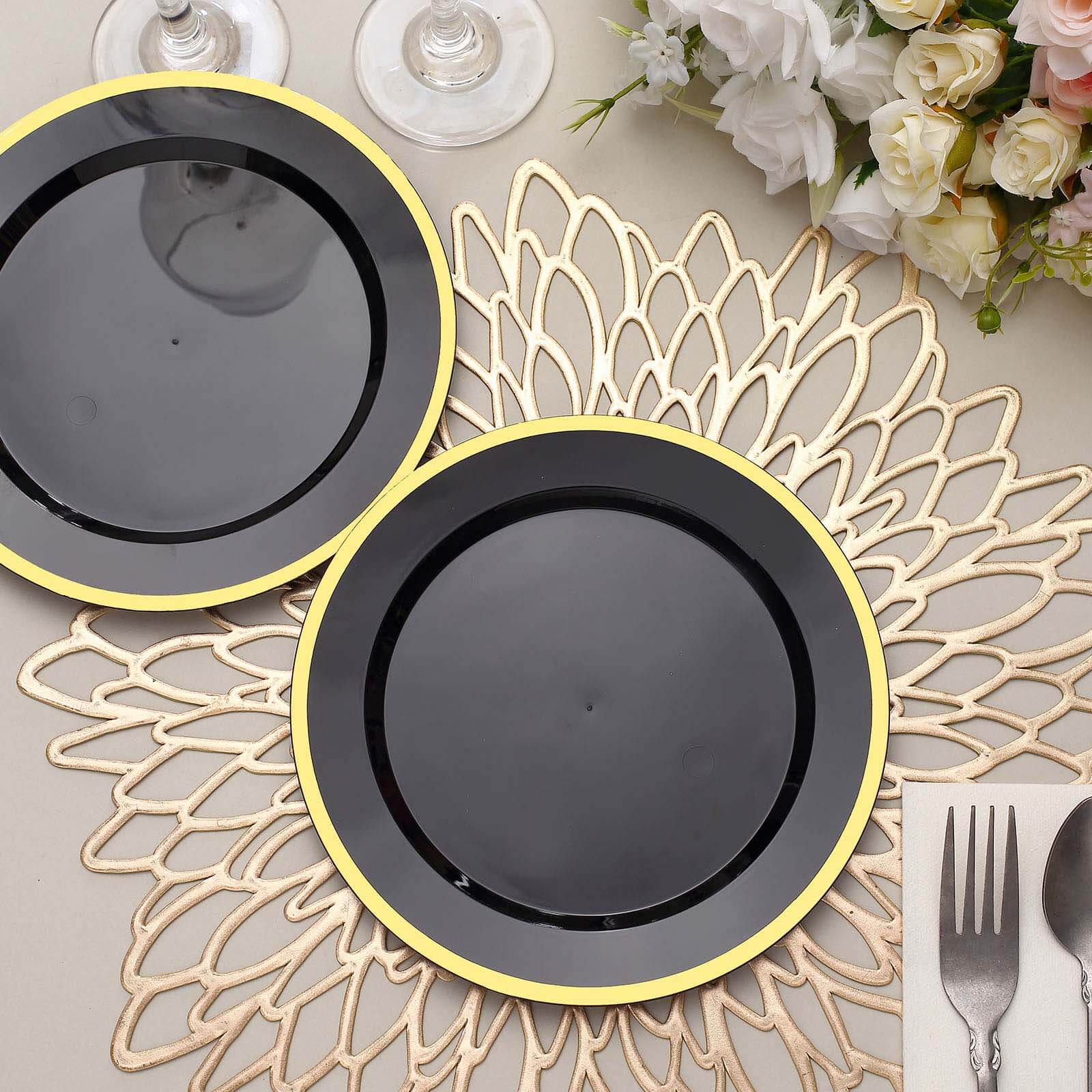 10 - Pack Plastic 7" Round Appetizer Plates in Black with Gold Rim - Sleek Disposable Salad Plates for Banquets & Special Occasions - Bell Racket Store