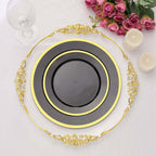 10 - Pack Plastic 7" Round Appetizer Plates in Black with Gold Rim - Sleek Disposable Salad Plates for Banquets & Special Occasions - Bell Racket Store