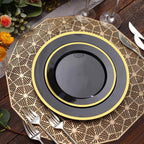 10 - Pack Plastic 7" Round Appetizer Plates in Black with Gold Rim - Sleek Disposable Salad Plates for Banquets & Special Occasions - Bell Racket Store