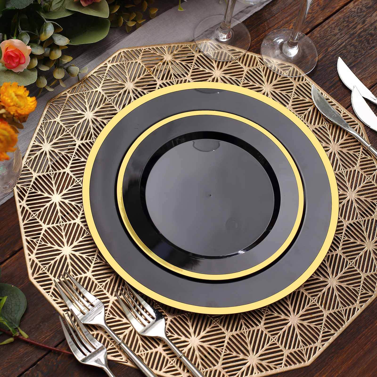 10 - Pack Plastic 7" Round Appetizer Plates in Black with Gold Rim - Sleek Disposable Salad Plates for Banquets & Special Occasions - Bell Racket Store