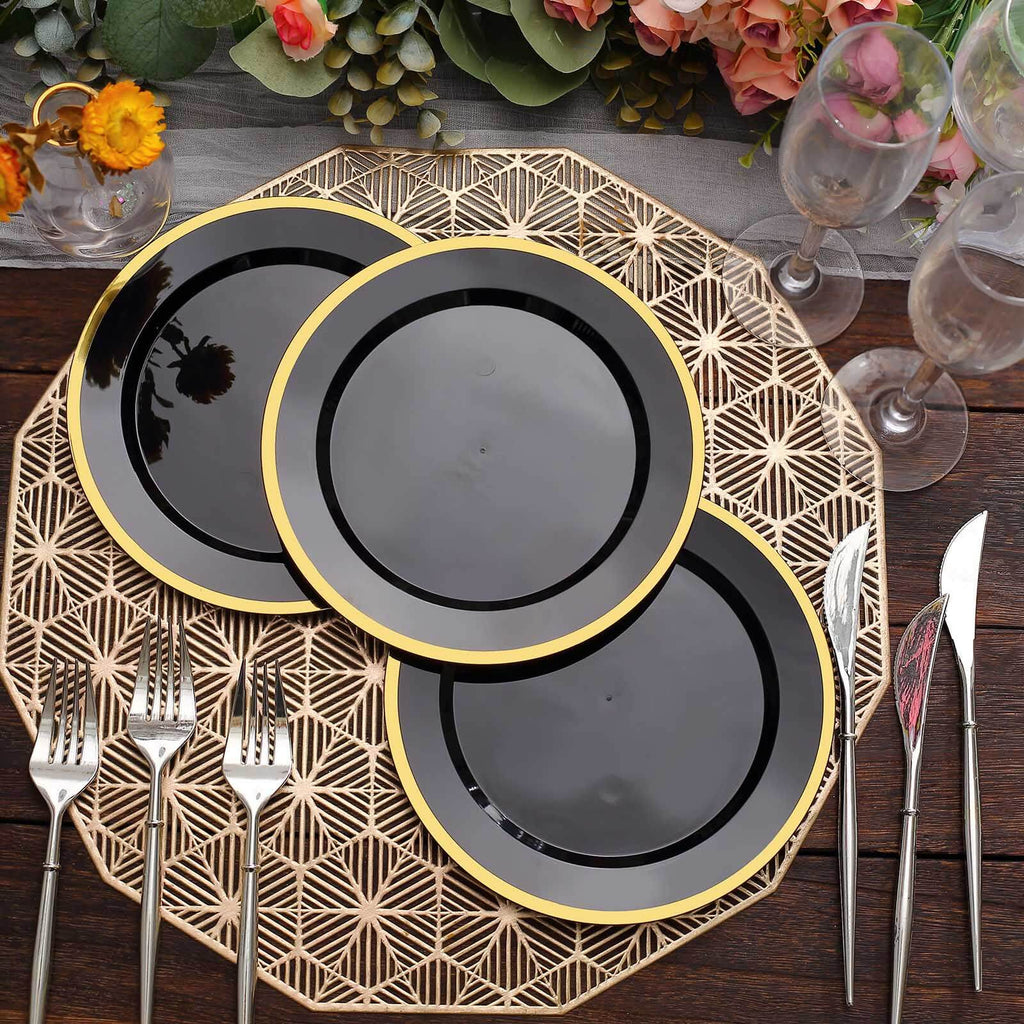 10 - Pack Plastic 7" Round Appetizer Plates in Black with Gold Rim - Sleek Disposable Salad Plates for Banquets & Special Occasions - Bell Racket Store