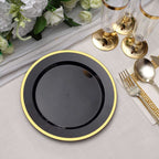 10 - Pack Plastic 7" Round Appetizer Plates in Black with Gold Rim - Sleek Disposable Salad Plates for Banquets & Special Occasions - Bell Racket Store