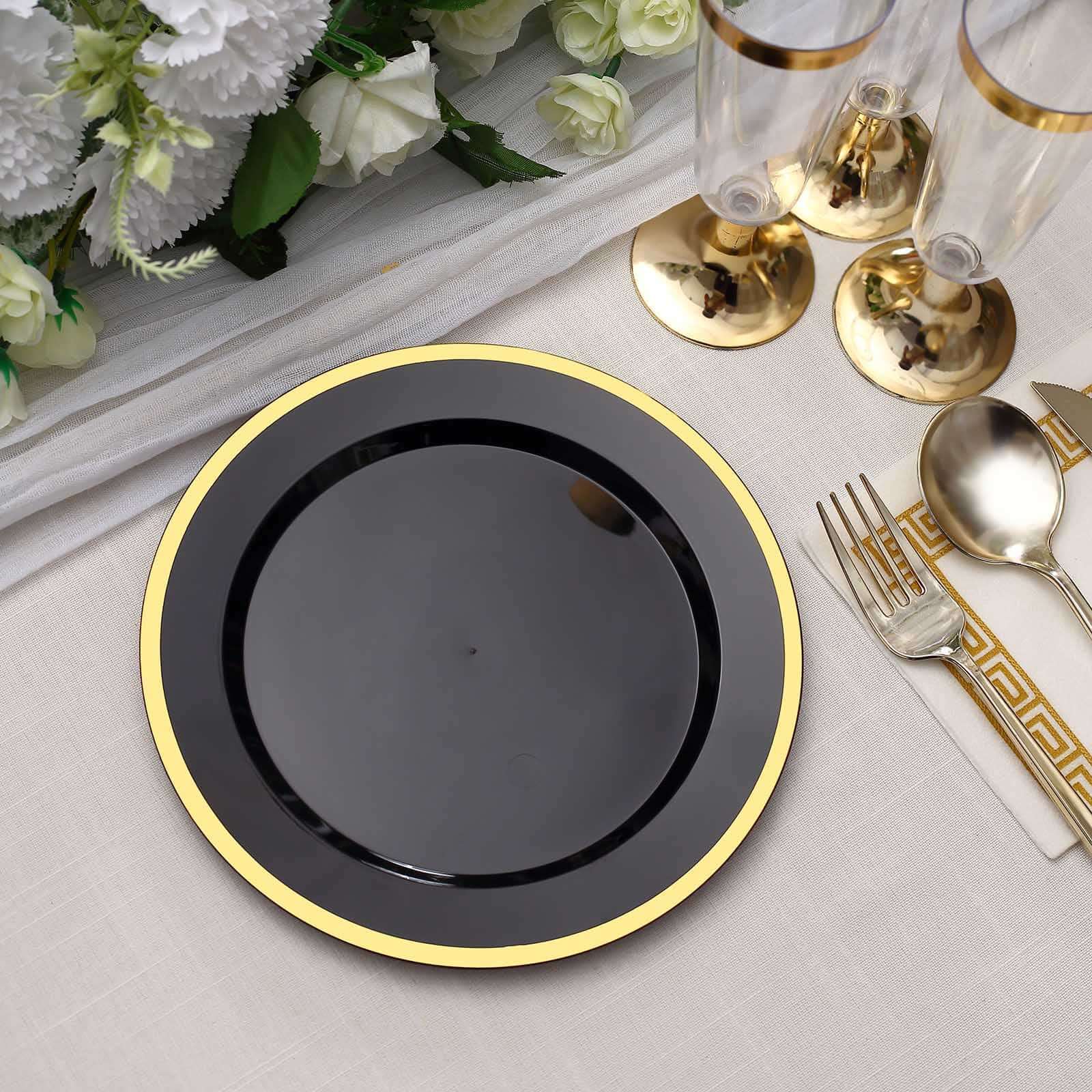 10 - Pack Plastic 7" Round Appetizer Plates in Black with Gold Rim - Sleek Disposable Salad Plates for Banquets & Special Occasions - Bell Racket Store