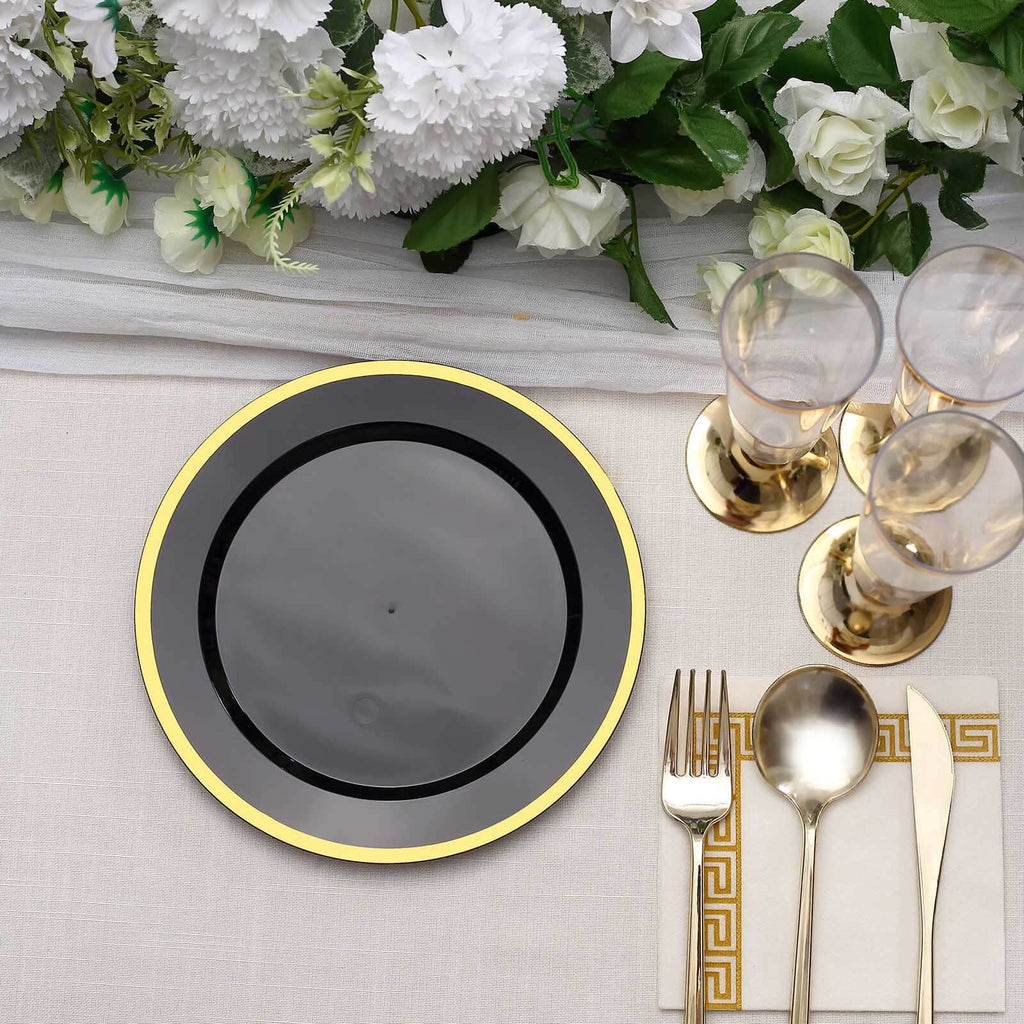 10 - Pack Plastic 7" Round Appetizer Plates in Black with Gold Rim - Sleek Disposable Salad Plates for Banquets & Special Occasions - Bell Racket Store