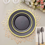 10 - Pack Plastic 7" Round Appetizer Plates in Black with Gold Rim - Sleek Disposable Salad Plates for Banquets & Special Occasions - Bell Racket Store