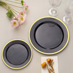 10 - Pack Plastic 7" Round Appetizer Plates in Black with Gold Rim - Sleek Disposable Salad Plates for Banquets & Special Occasions - Bell Racket Store
