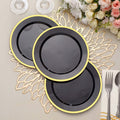 10 - Pack Plastic 7" Round Appetizer Plates in Black with Gold Rim - Sleek Disposable Salad Plates for Banquets & Special Occasions - Bell Racket Store