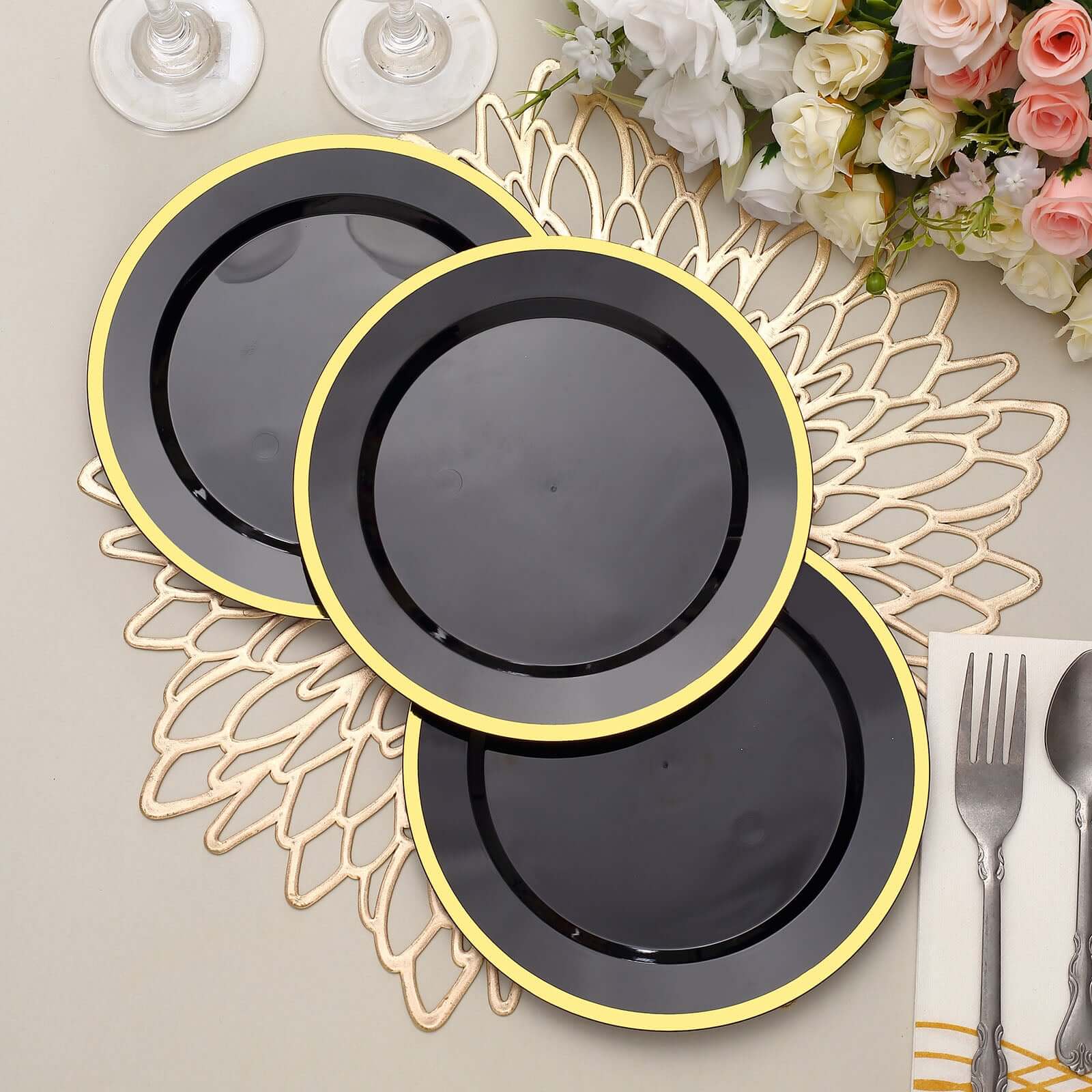 10 - Pack Plastic 7" Round Appetizer Plates in Black with Gold Rim - Sleek Disposable Salad Plates for Banquets & Special Occasions - Bell Racket Store