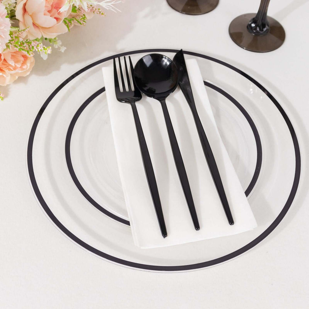 10 - Pack Plastic 7" Round Appetizer Plates in Clear with Black Rim - Sleek Disposable Salad Plates for Banquets & Special Occasions - Bell Racket Store