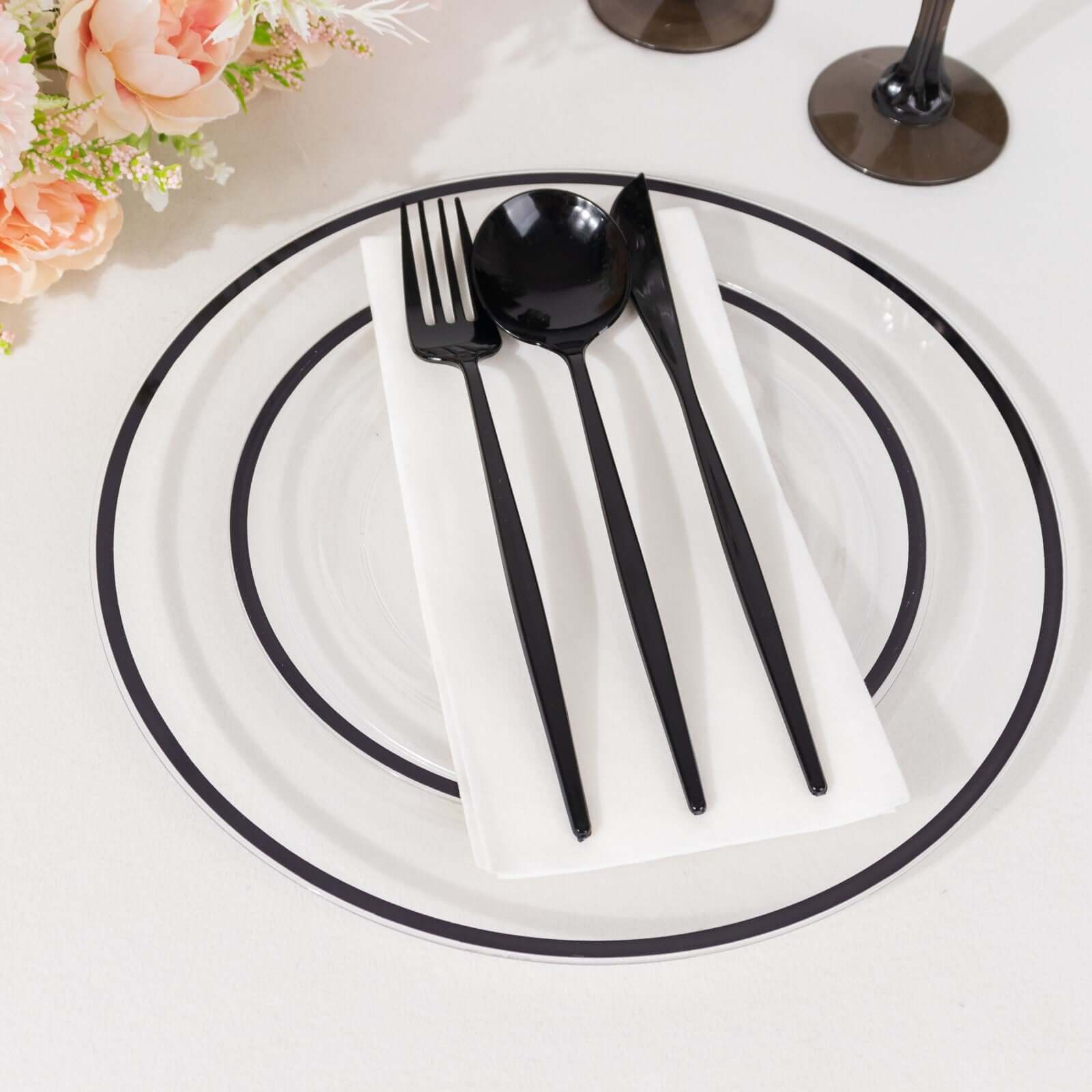 10 - Pack Plastic 7" Round Appetizer Plates in Clear with Black Rim - Sleek Disposable Salad Plates for Banquets & Special Occasions - Bell Racket Store