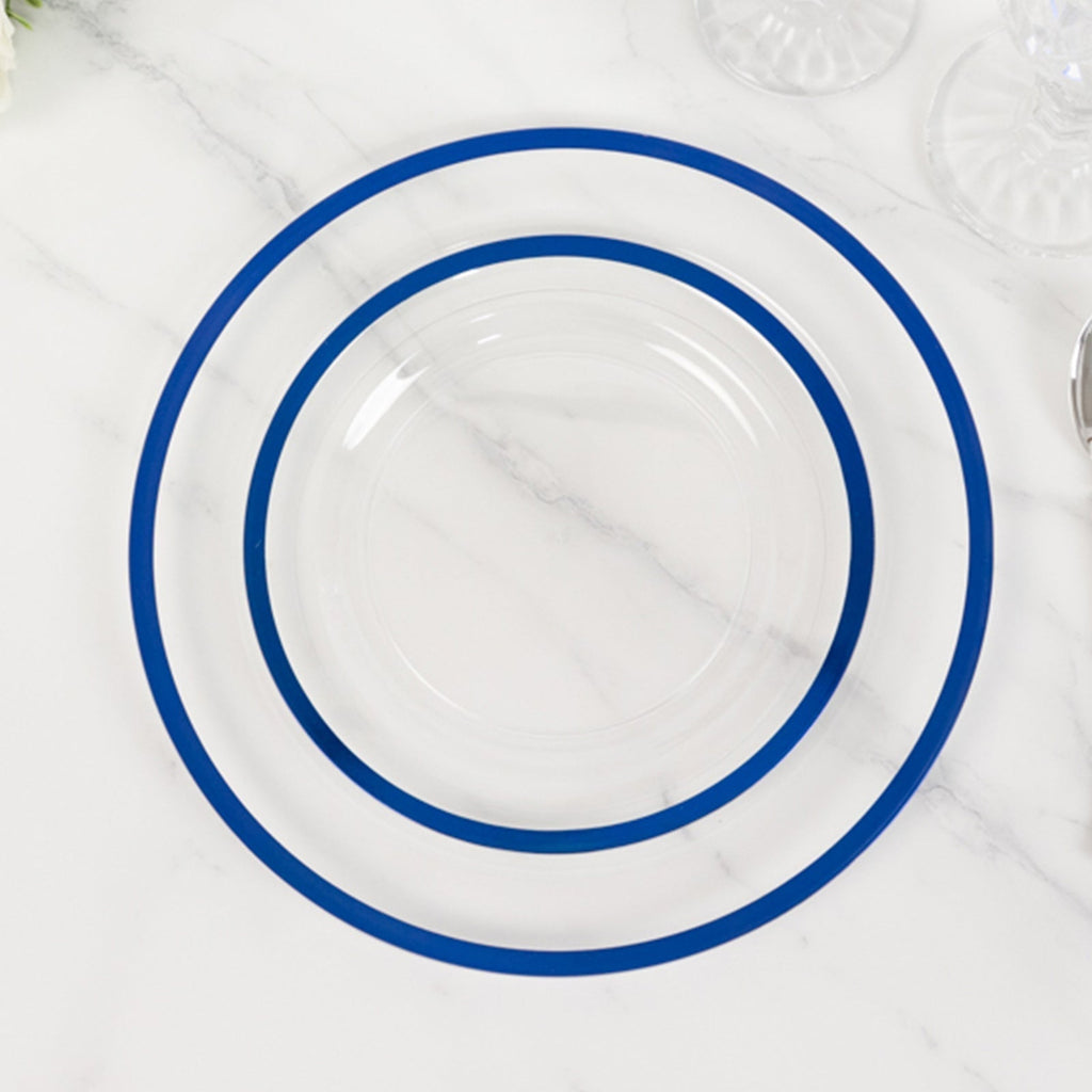 10 - Pack Plastic 7" Round Appetizer Plates in Clear with Blue Rim - Sleek Disposable Salad Plates for Banquets & Special Occasions - Bell Racket Store