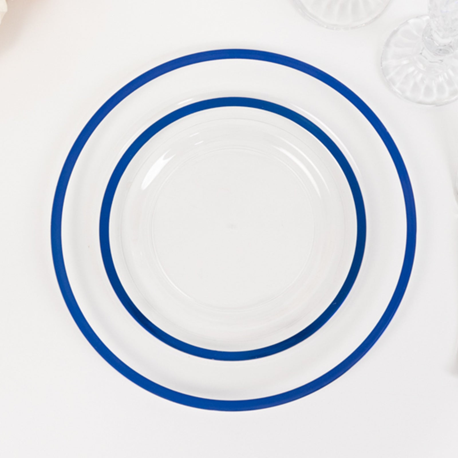 10 - Pack Plastic 7" Round Appetizer Plates in Clear with Blue Rim - Sleek Disposable Salad Plates for Banquets & Special Occasions - Bell Racket Store