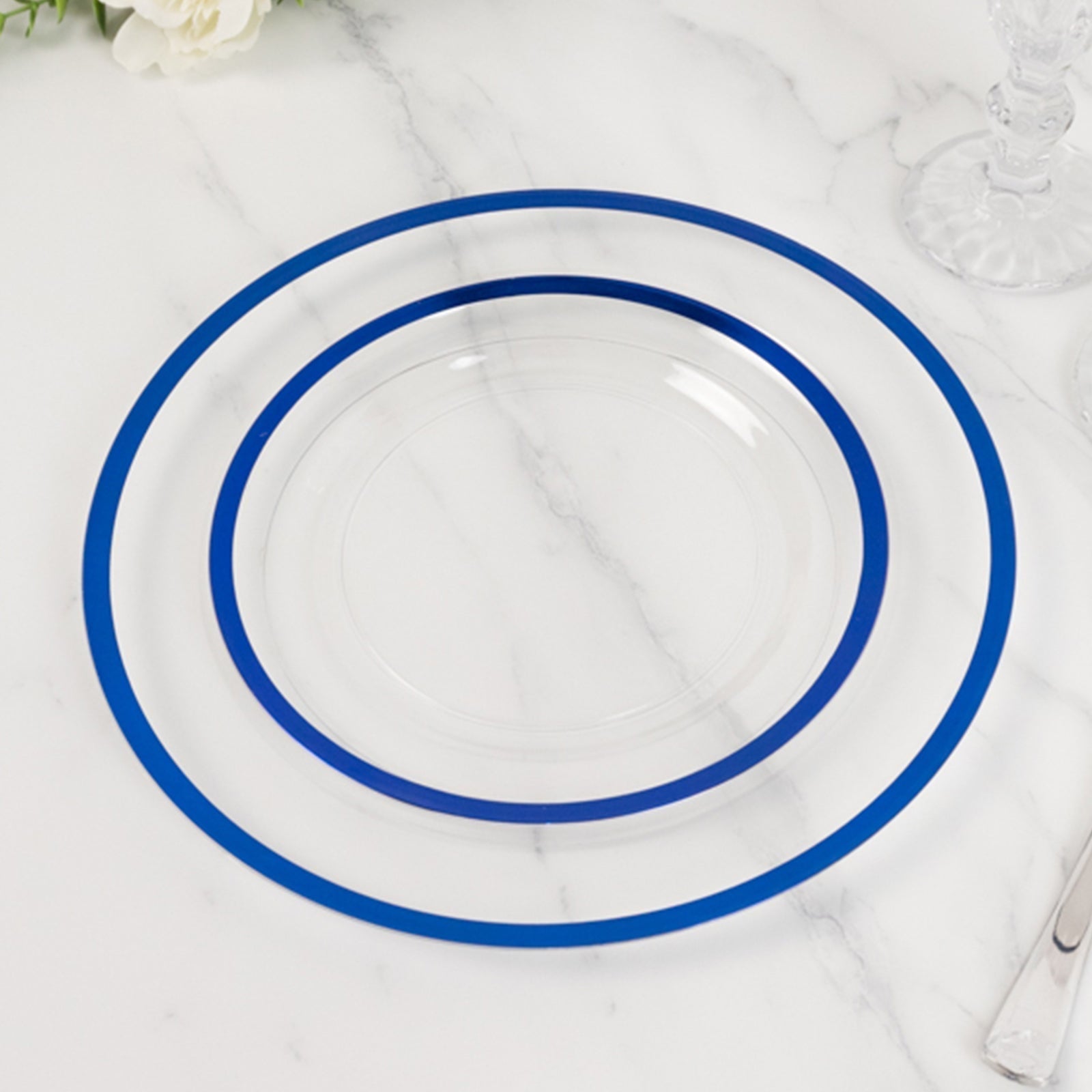 10 - Pack Plastic 7" Round Appetizer Plates in Clear with Blue Rim - Sleek Disposable Salad Plates for Banquets & Special Occasions - Bell Racket Store