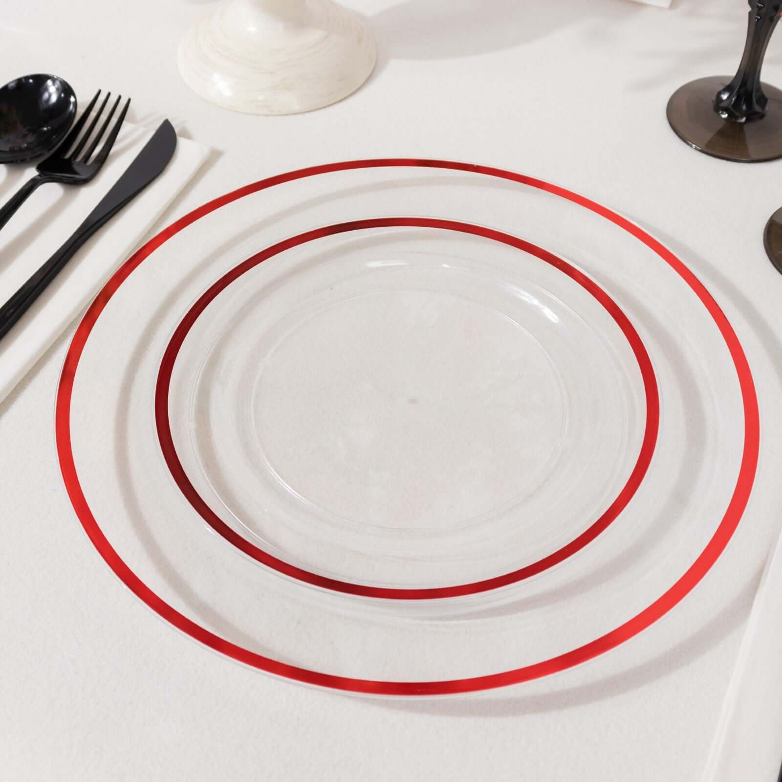 10 - Pack Plastic 7" Round Appetizer Plates in Clear with Red Rim - Sleek Disposable Salad Plates for Banquets & Special Occasions - Bell Racket Store