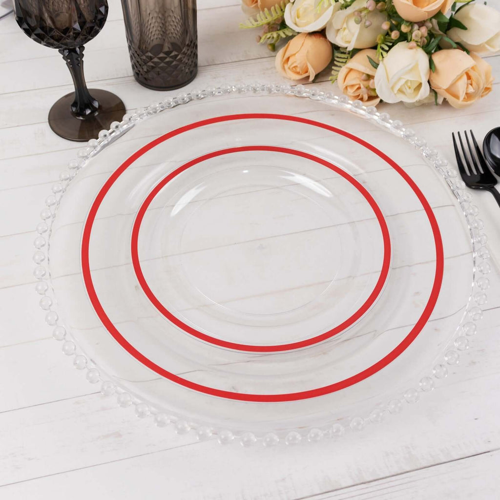 10 - Pack Plastic 7" Round Appetizer Plates in Clear with Red Rim - Sleek Disposable Salad Plates for Banquets & Special Occasions - Bell Racket Store