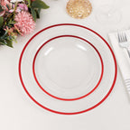 10 - Pack Plastic 7" Round Appetizer Plates in Clear with Red Rim - Sleek Disposable Salad Plates for Banquets & Special Occasions - Bell Racket Store