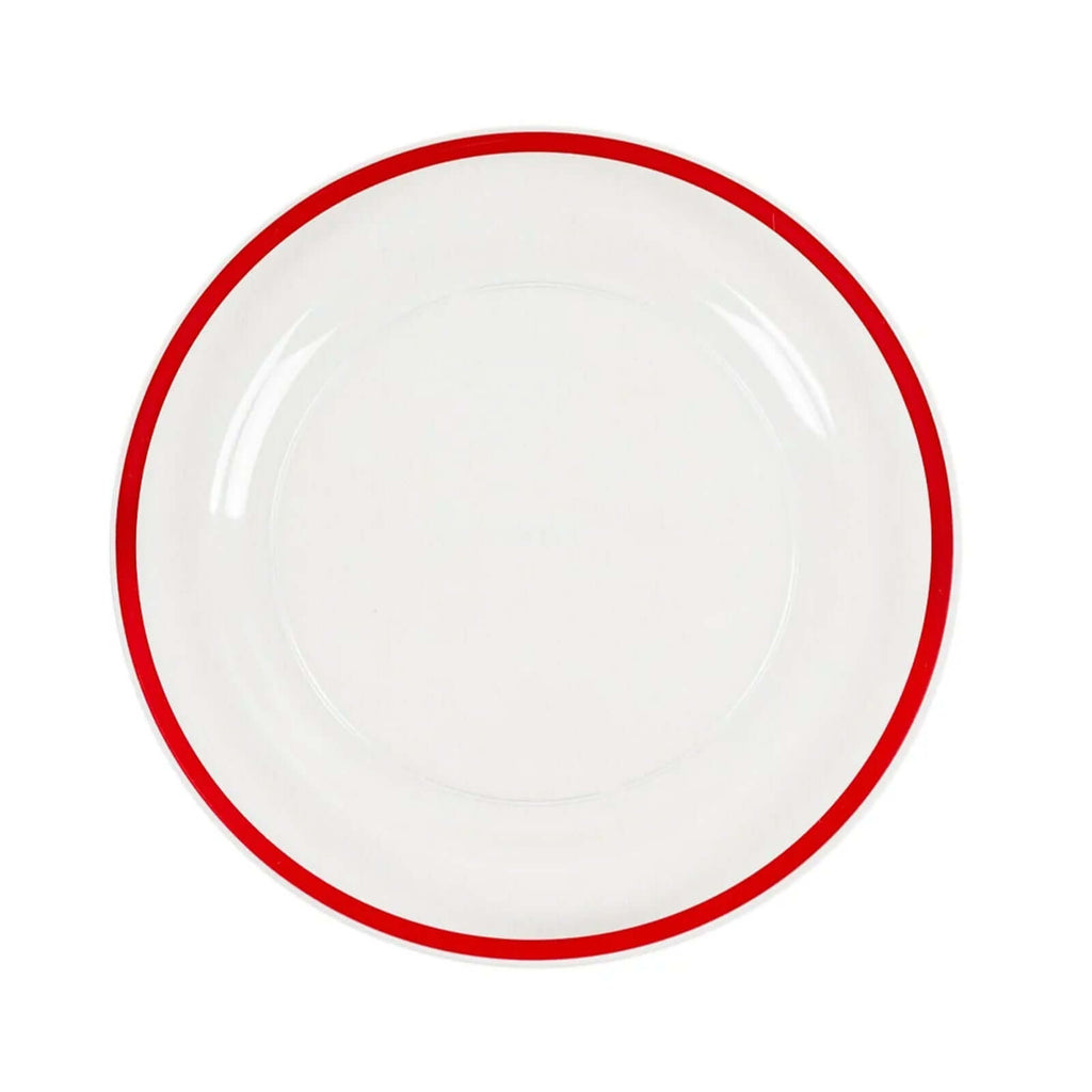 10 - Pack Plastic 7" Round Appetizer Plates in Clear with Red Rim - Sleek Disposable Salad Plates for Banquets & Special Occasions - Bell Racket Store