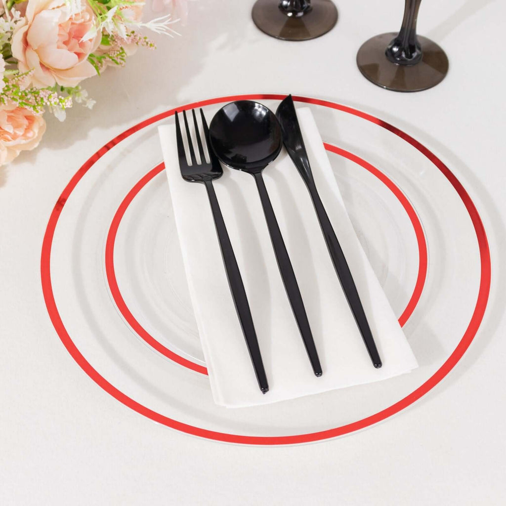 10 - Pack Plastic 7" Round Appetizer Plates in Clear with Red Rim - Sleek Disposable Salad Plates for Banquets & Special Occasions - Bell Racket Store
