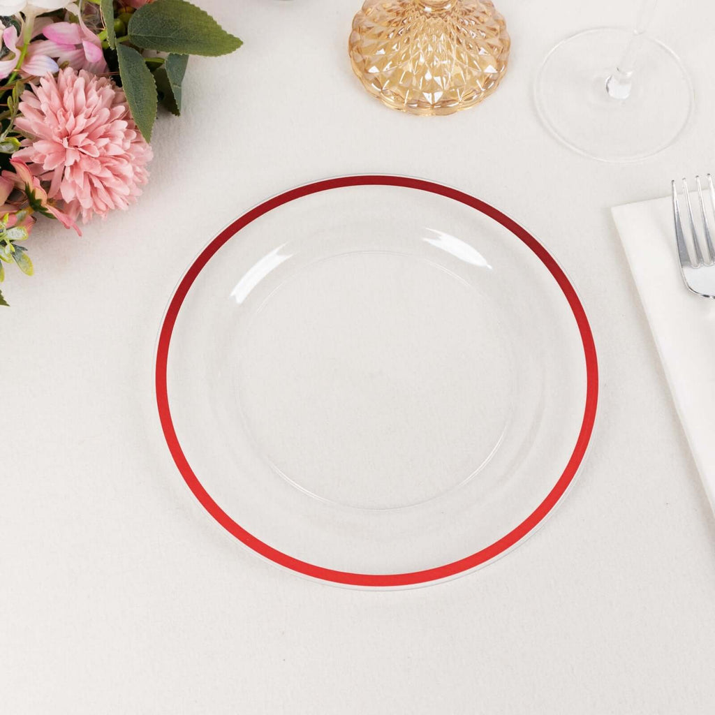 10 - Pack Plastic 7" Round Appetizer Plates in Clear with Red Rim - Sleek Disposable Salad Plates for Banquets & Special Occasions - Bell Racket Store