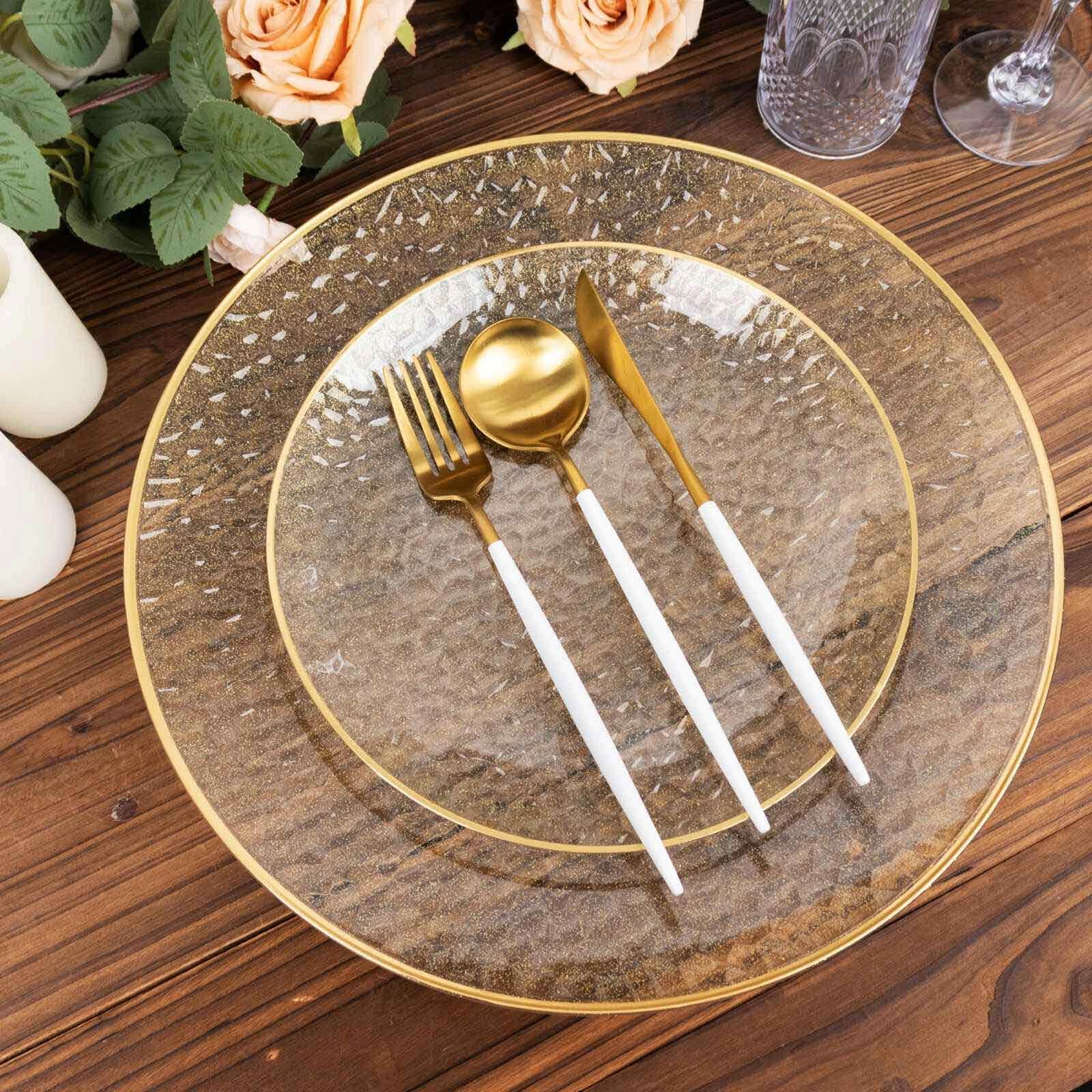 10 - Pack Plastic 7" Round Dessert Appetizer Plates in Clear Gold Glittered Hammered Design with Gold Rim - Modern Disposable Salad Plates for Events & Banquets - Bell Racket Store