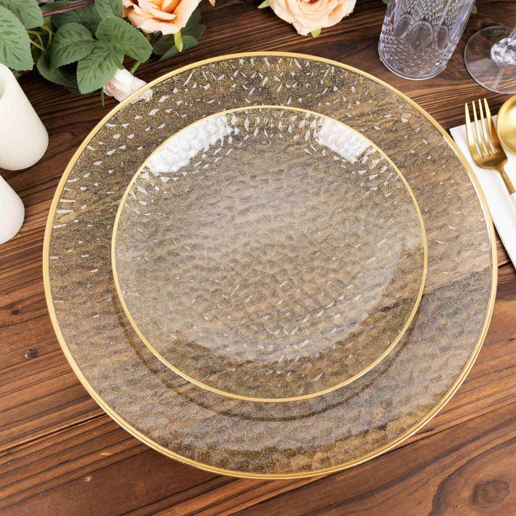 10 - Pack Plastic 7" Round Dessert Appetizer Plates in Clear Gold Glittered Hammered Design with Gold Rim - Modern Disposable Salad Plates for Events & Banquets - Bell Racket Store