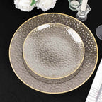 10 - Pack Plastic 7" Round Dessert Appetizer Plates in Clear Gold Glittered Hammered Design with Gold Rim - Modern Disposable Salad Plates for Events & Banquets - Bell Racket Store