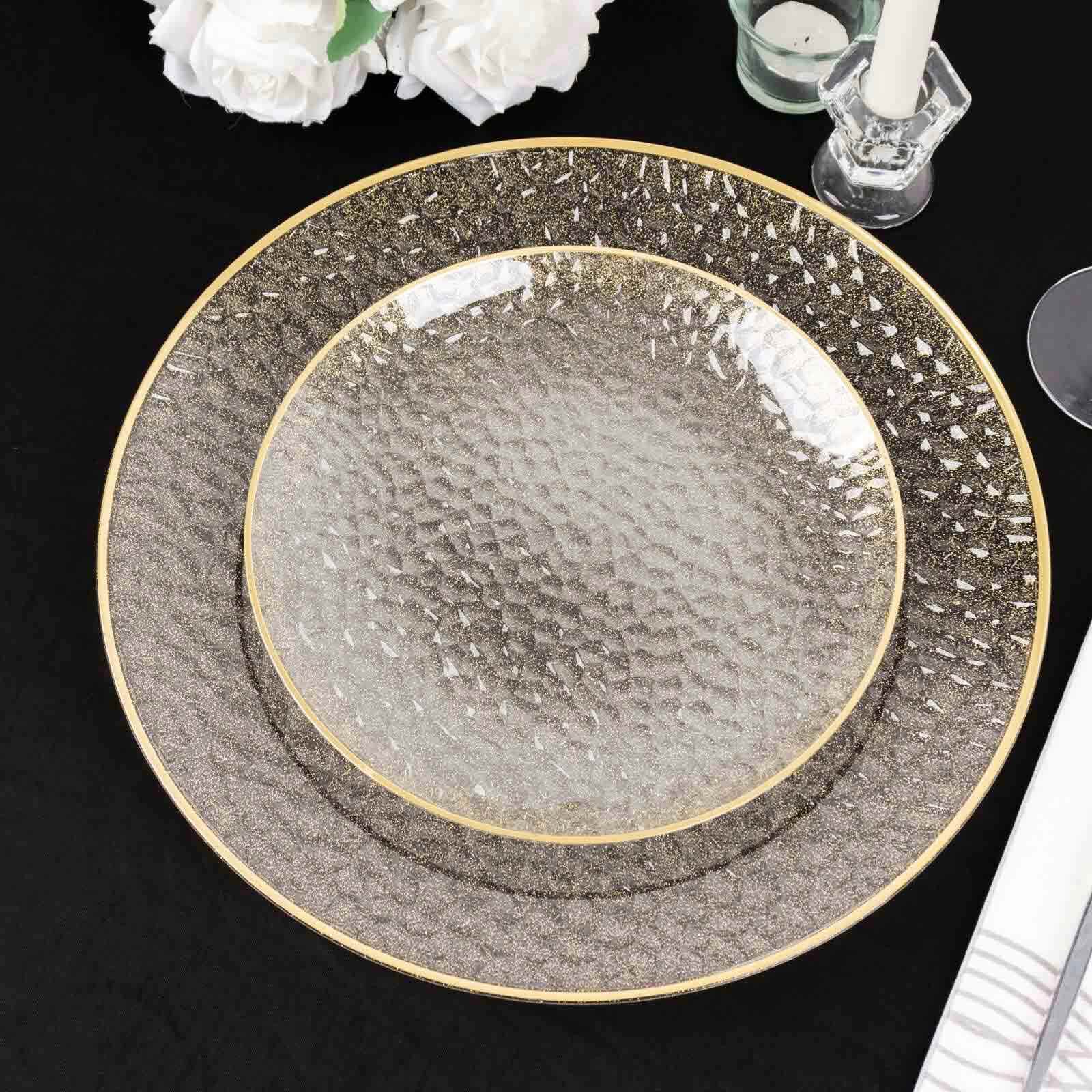 10 - Pack Plastic 7" Round Dessert Appetizer Plates in Clear Gold Glittered Hammered Design with Gold Rim - Modern Disposable Salad Plates for Events & Banquets - Bell Racket Store