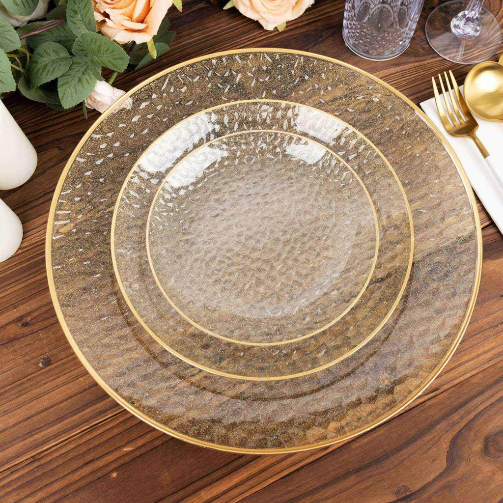 10 - Pack Plastic 7" Round Dessert Appetizer Plates in Clear Gold Glittered Hammered Design with Gold Rim - Modern Disposable Salad Plates for Events & Banquets - Bell Racket Store