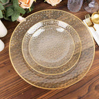 10 - Pack Plastic 7" Round Dessert Appetizer Plates in Clear Gold Glittered Hammered Design with Gold Rim - Modern Disposable Salad Plates for Events & Banquets - Bell Racket Store