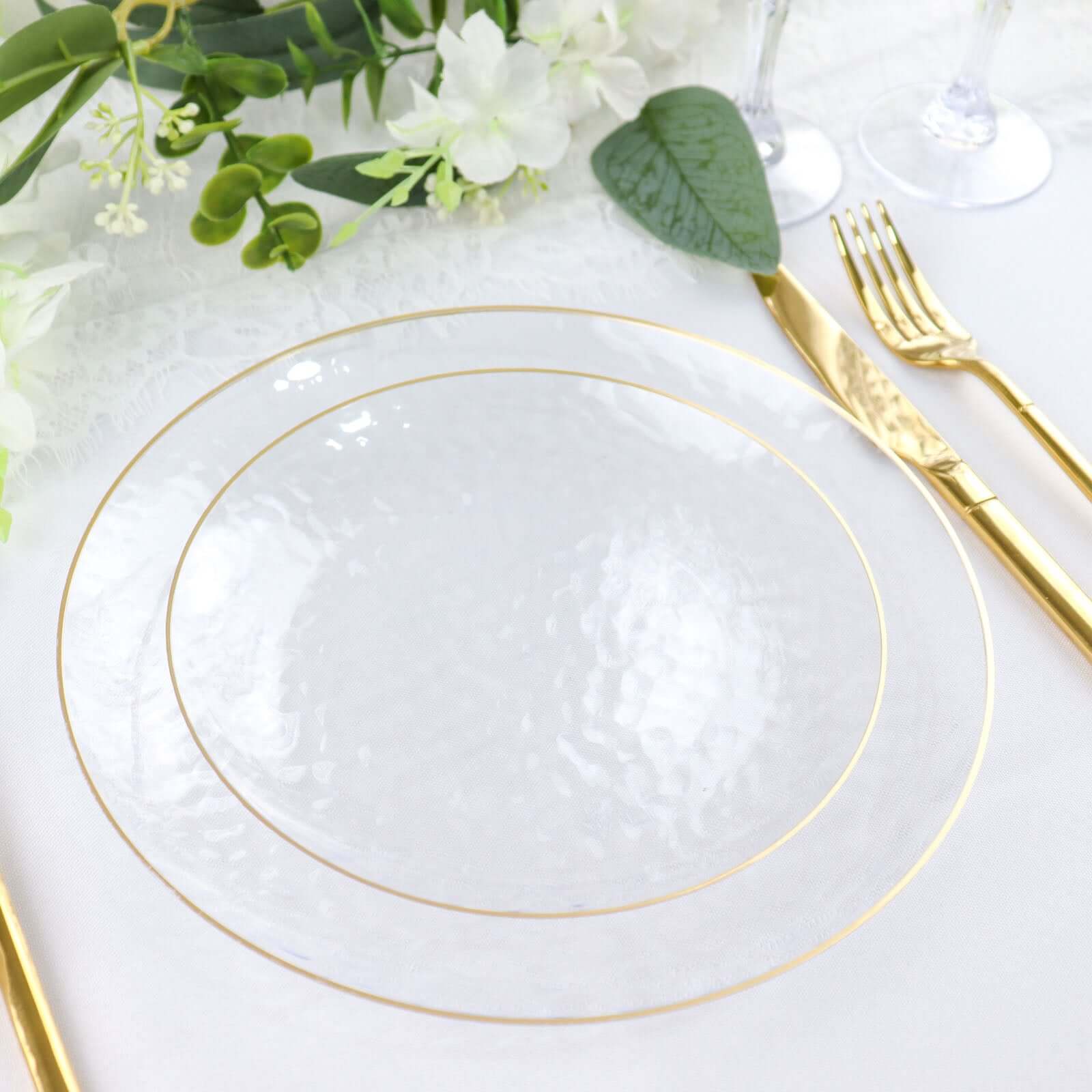 10 - Pack Plastic 7" Round Dessert Appetizer Plates in Clear Hammered Design with Gold Rim - Modern Disposable Salad Plates - Bell Racket Store