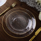 10 - Pack Plastic 7" Round Dessert Appetizer Plates in Clear Hammered Design with Gold Rim - Modern Disposable Salad Plates - Bell Racket Store