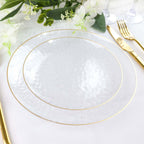 10 - Pack Plastic 7" Round Dessert Appetizer Plates in Clear Hammered Design with Gold Rim - Modern Disposable Salad Plates - Bell Racket Store