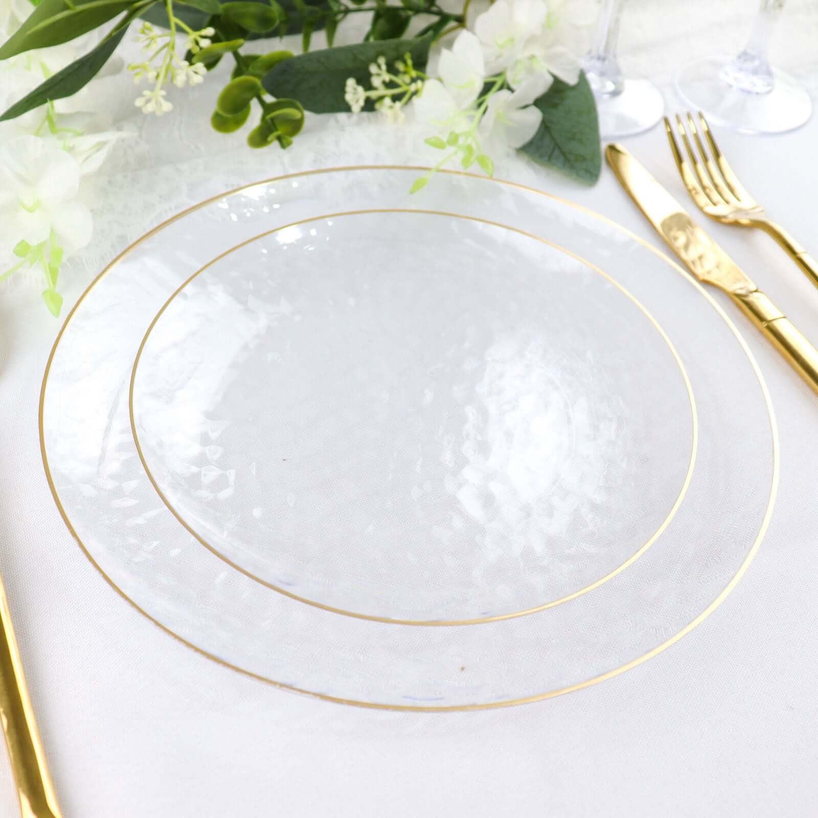 10 - Pack Plastic 7" Round Dessert Appetizer Plates in Clear Hammered Design with Gold Rim - Modern Disposable Salad Plates - Bell Racket Store