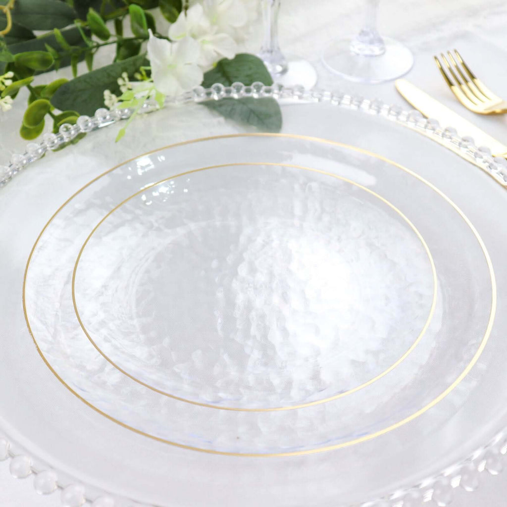 10 - Pack Plastic 7" Round Dessert Appetizer Plates in Clear Hammered Design with Gold Rim - Modern Disposable Salad Plates - Bell Racket Store