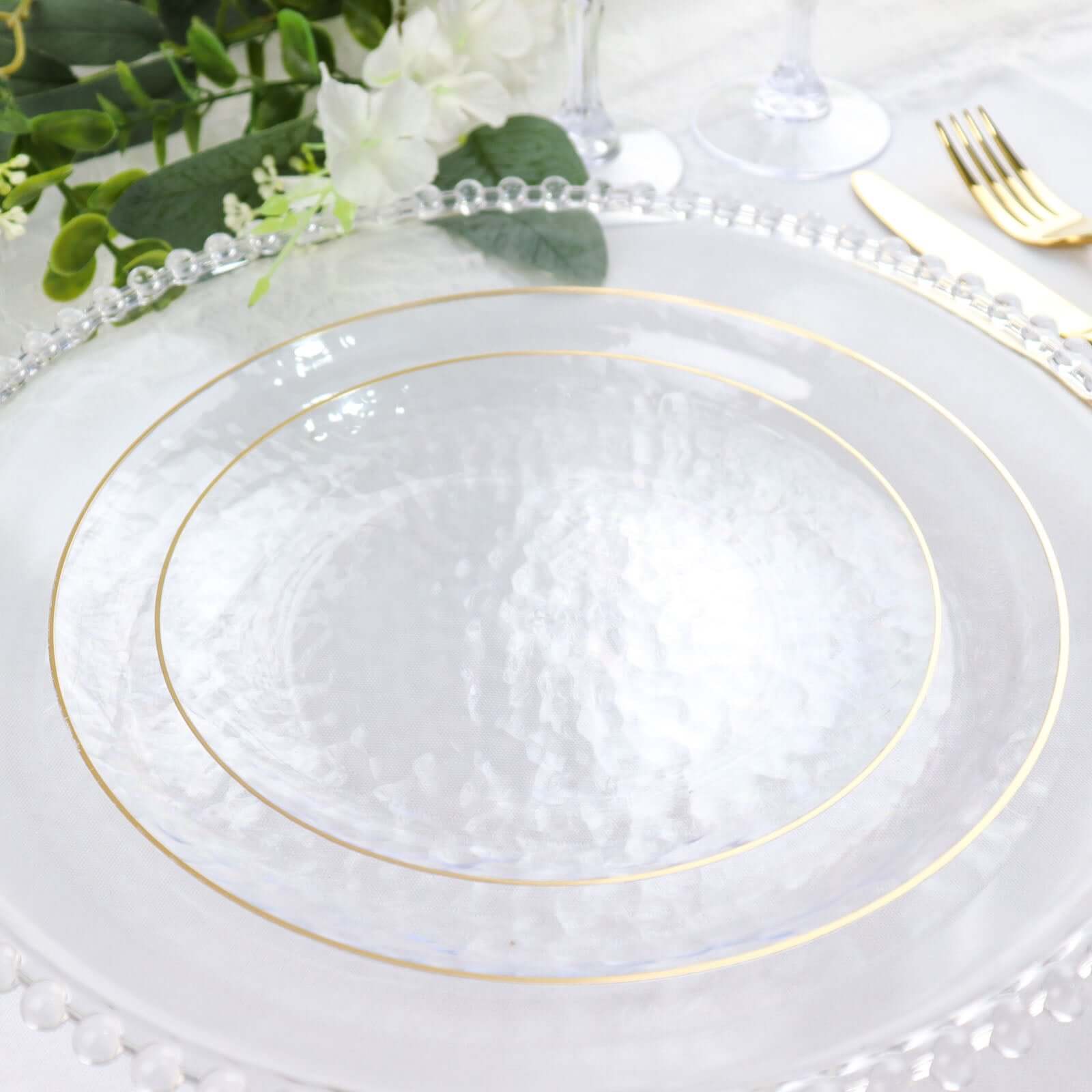 10 - Pack Plastic 7" Round Dessert Appetizer Plates in Clear Hammered Design with Gold Rim - Modern Disposable Salad Plates - Bell Racket Store