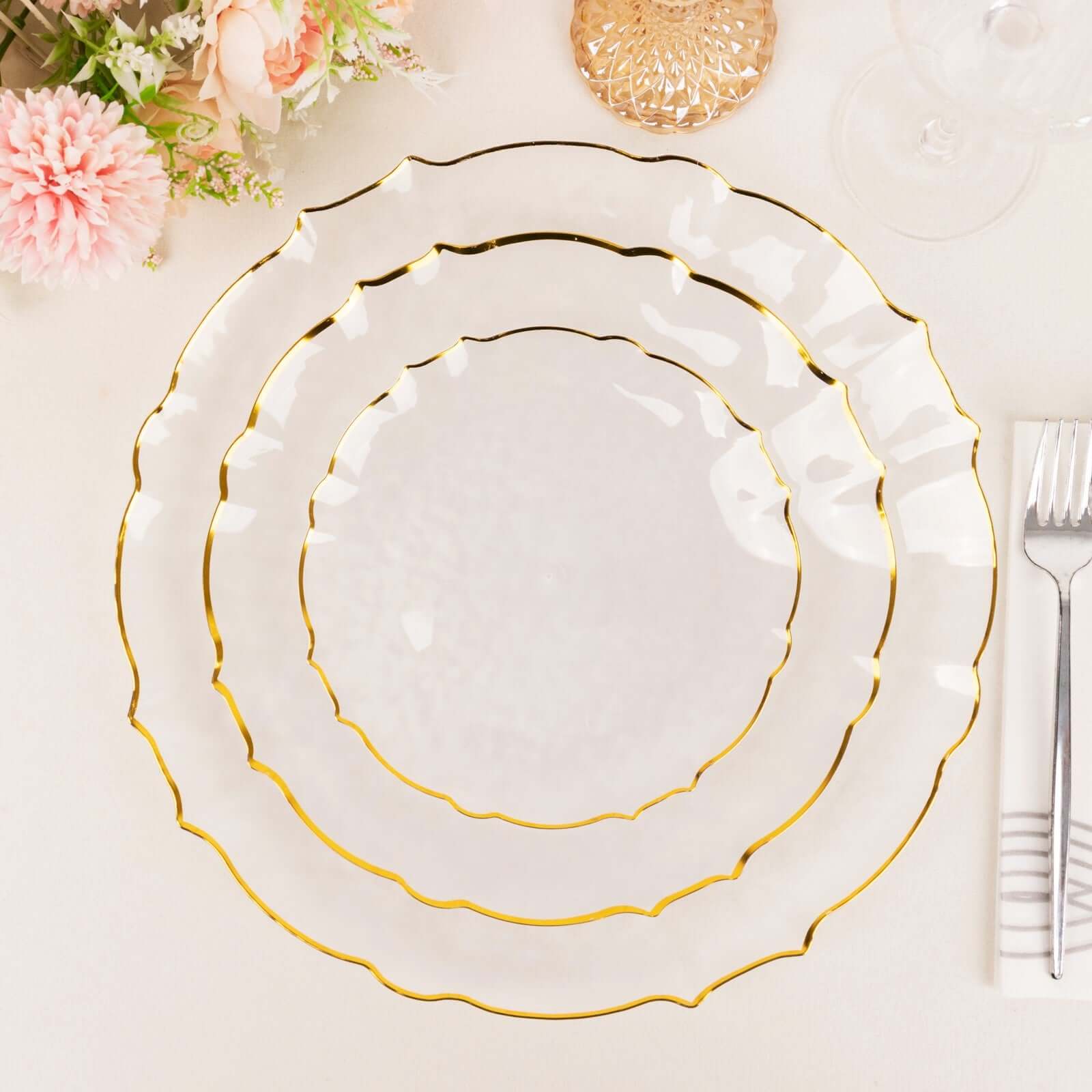10 - Pack Plastic 7" Round Dessert Appetizer Plates in Clear Sunflower with Gold Scalloped Rim - Disposable Salad Plates for Classy Events & Banquets - Bell Racket Store