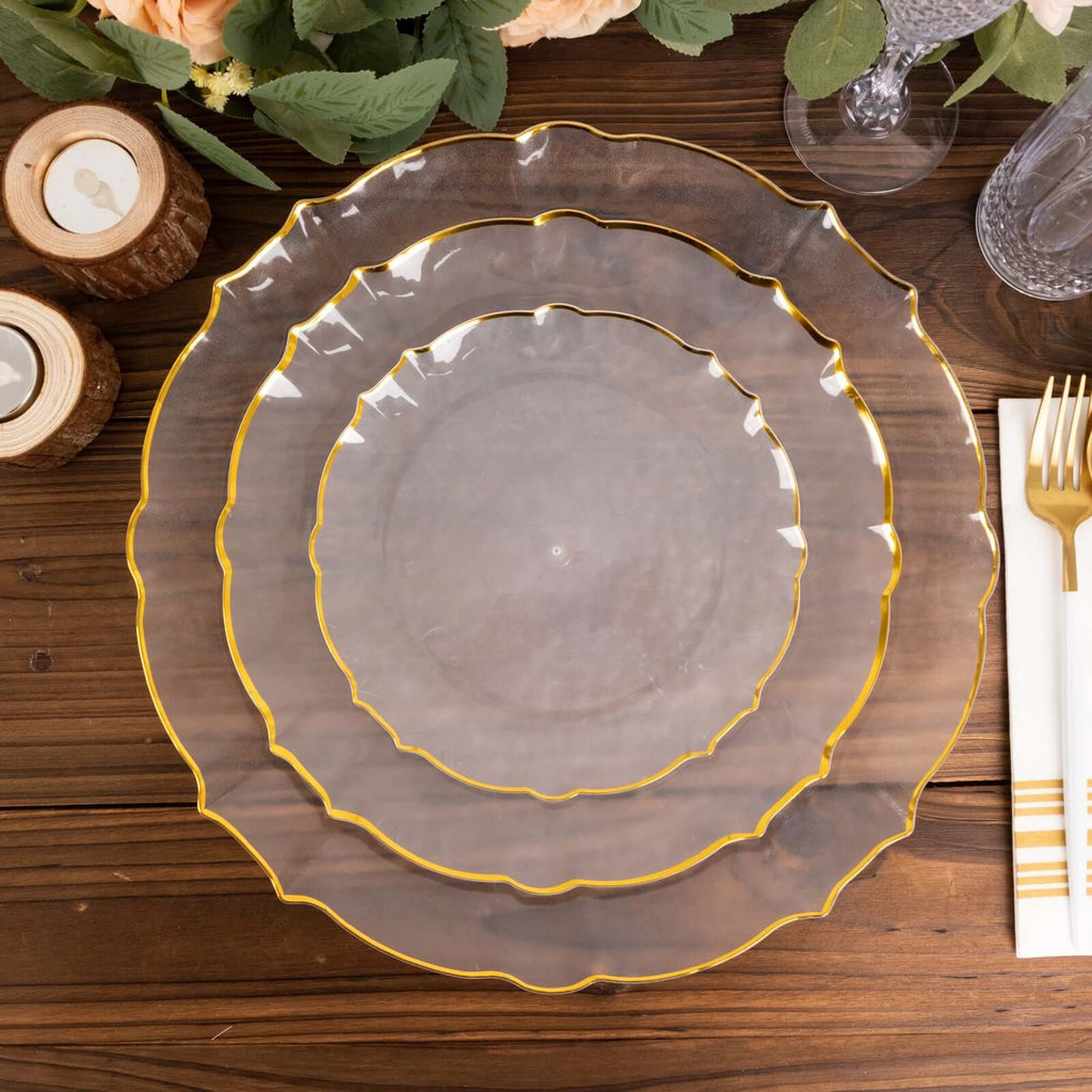 10 - Pack Plastic 7" Round Dessert Appetizer Plates in Clear Sunflower with Gold Scalloped Rim - Disposable Salad Plates for Classy Events & Banquets - Bell Racket Store